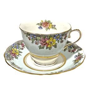 Colclough England Bone China Footed Tea Cup & Saucer Set Pale Blue & Floral